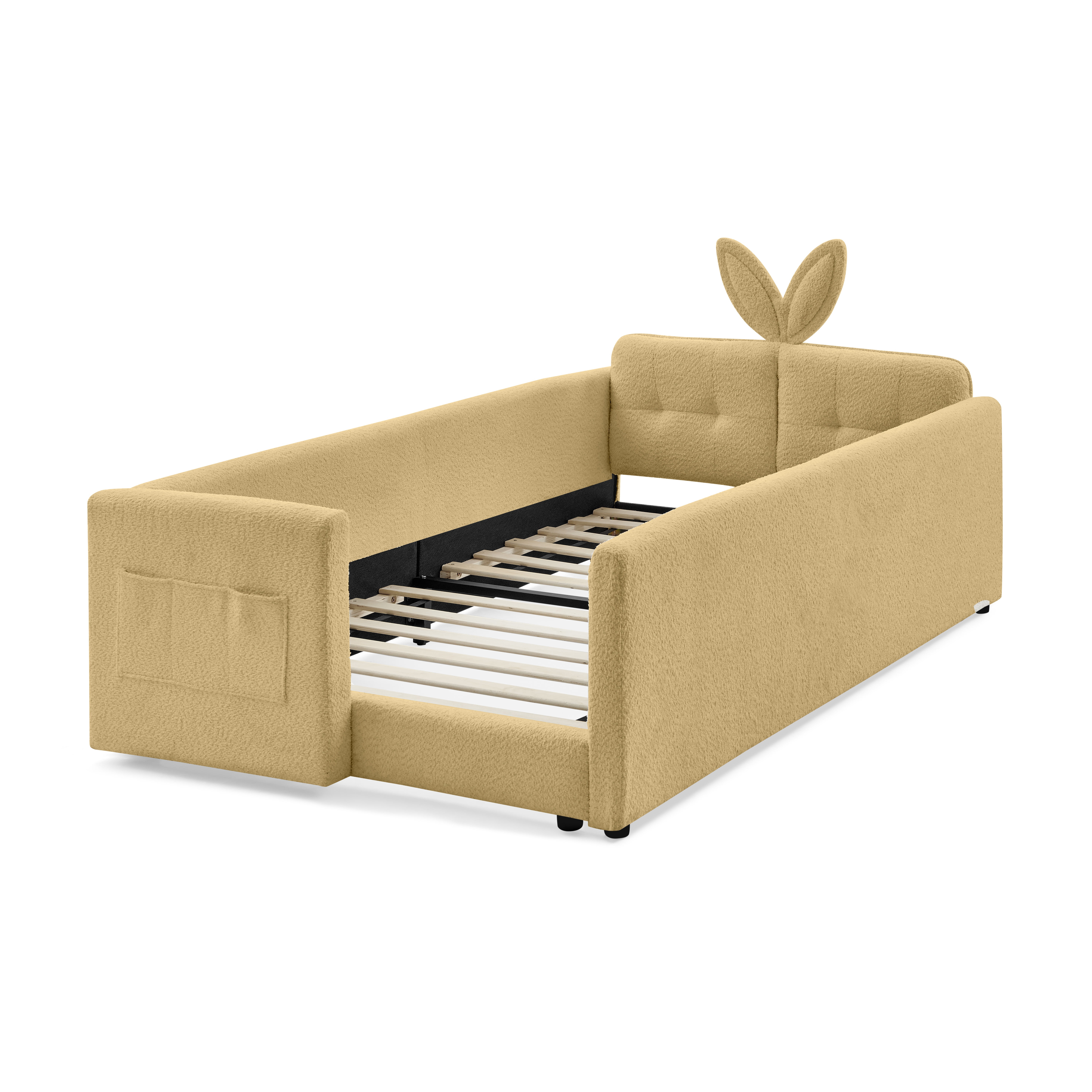 PORKISS Twin Bed Frames for Kids, Boucle Upholstered Platform Bed Frame with Safety Rails, Cute Bunny Ear Cartoon Bed with Storage Pocket, Yellow
