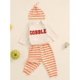 thumbnail image 3 of Suealasg 3Pcs Newborn Boy Girl Fall Thanksgiving Outfit 3 6 Months Baby Long Sleeve Letter Embroidery Romper +Stripe Pants +Hat Set 0-18M, 3 of 8