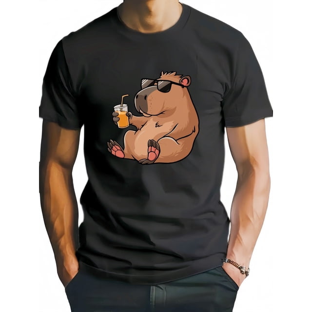 Camiseta con estampado de capibara verde oliva para hombre: informal y cómoda, resistente a las arrugas, lavable a máquina, corte holgado con cuello redondo, perfecta para el verano.