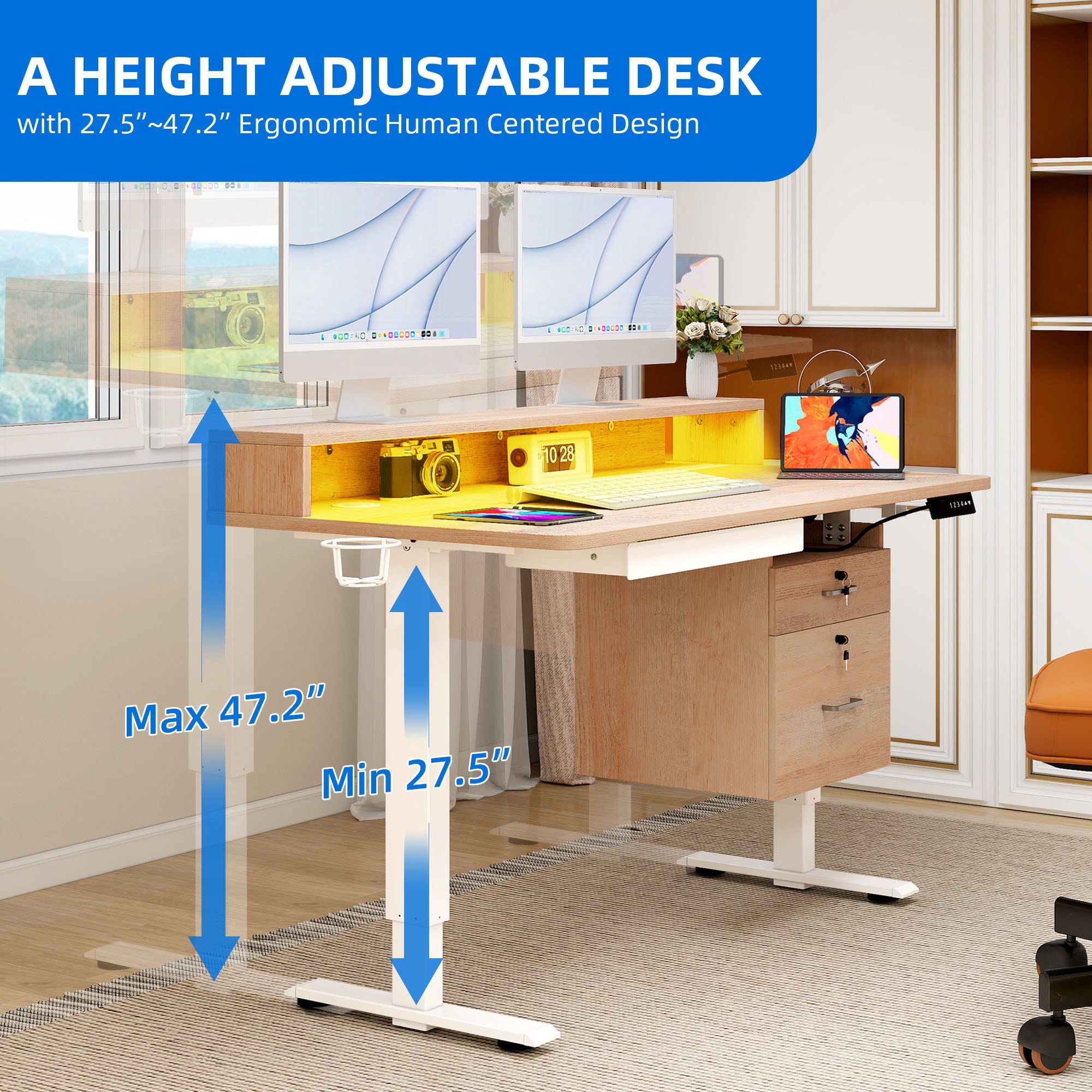 Dextrus 48" x 24" Height Adjustable Standing Desk with Monitor Stand & LED Light , Electric Stand up Table with Drawers & Power Outlets, Oak