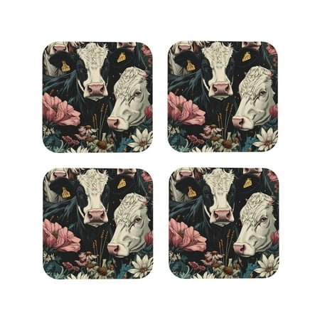 

Matuu Vintage Sunflower Cow for Cup Coasters Set of 4 Leather Coasters Desk Coasters for Office Measures 4” x 4”-Square