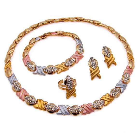 Women's 18k Layered Real Gold Plated Hugs & Kisses Xo Xo 4 Pieces Necklace Set Multi Color Includes Necklace Bracelet Earrings Ring