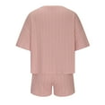 thumbnail image 4 of QUYUON Two Piece Outfits for Women Ribbed Knit Crew Neck Short Sleeve Elbow-Length Tops Short Sets Summer 2 Piece Outfits Lounge Sets Pajamas Shorts Set Loungewear A-Pink L, 4 of 6