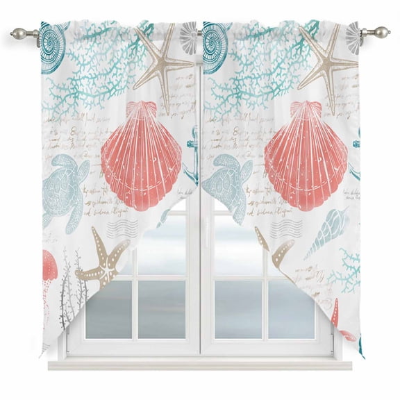 Teal Red Coastal Nautical Kitchen Window Curtains, Swag Curtains Valance for Bedroom Living Room Bathroom, Beach Sea Turtle Ocean Coral Starfish Rod Pocket Window Block Drapes 2 Panels 36"x45"