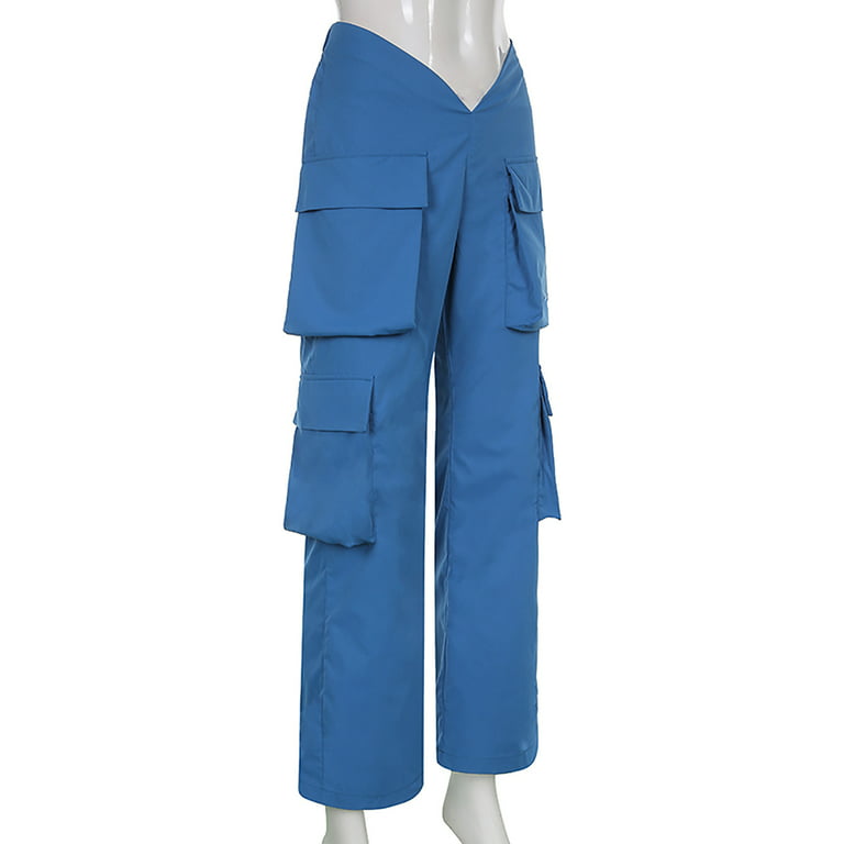 YYDGH Cargo Pants Women Baggy Streetwear V-Shaped High Waisted Casual  Overalls Solid Color Regular and Plus Size Trousers Blue L 