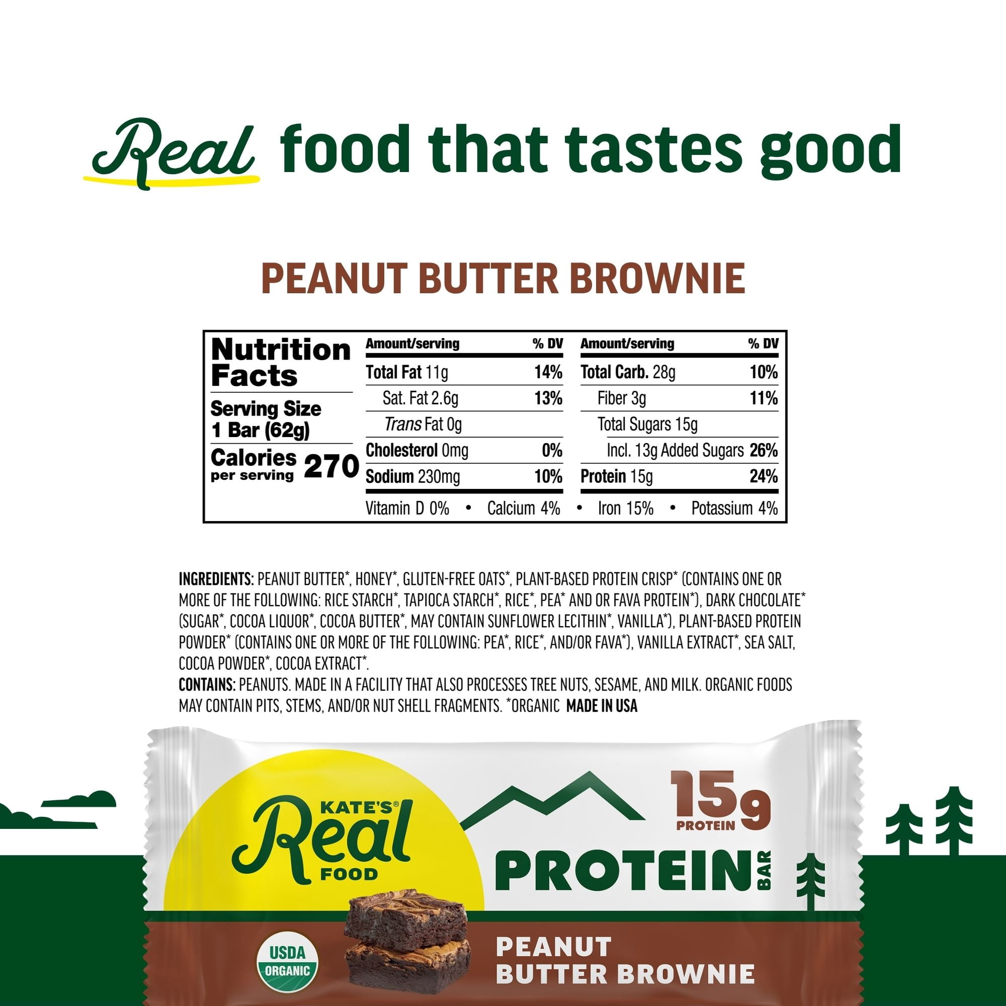 Kate’s Real Food Organic Granola Peanut Butter Brownie All Natural Energy Bars - Non GMO, Soy Free, Whole Grain, and Made with Gluten Free Oats - 12 count