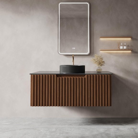 36" Floating Bathroom Vanity with Sink, Modern Wall Mounted Vanity Bathroom Storage Cabinet with Dark Gray Sintered Stone Top Black Ceramic Basin, Walnut