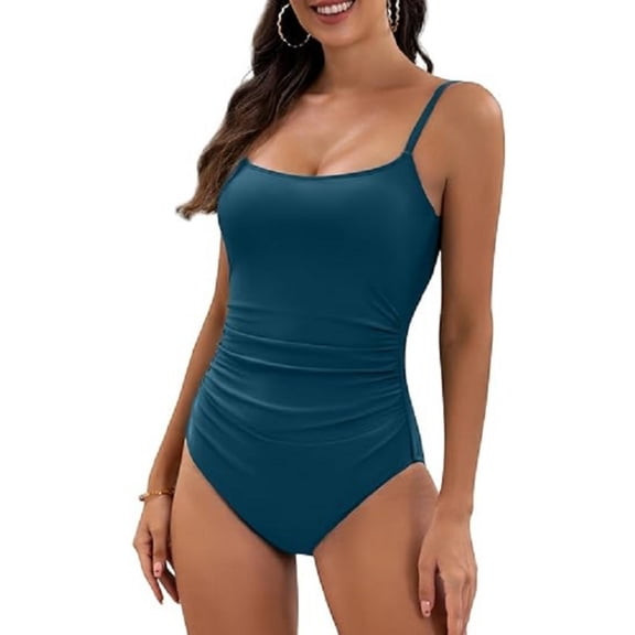 Minjewel Pleated One-Piece Swimsuit for Women: Adjustable Straps and Ruched Design,Slimming Beachwear with High Waist Tummy Control,Dark Green,L