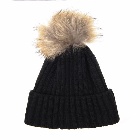 WITHMOONS Wool Ribbed Knitted Beanie Hat Slouchy Bobble Pom AC5476 (PomBlack)