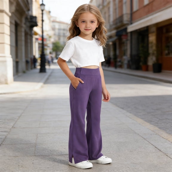 YMNXA Kids Girls Casual Pants High Waist Solid Color Straight Fit Comfortable Stylish Trousers With Pockets For Daily Wear,Purple,6-7 Years