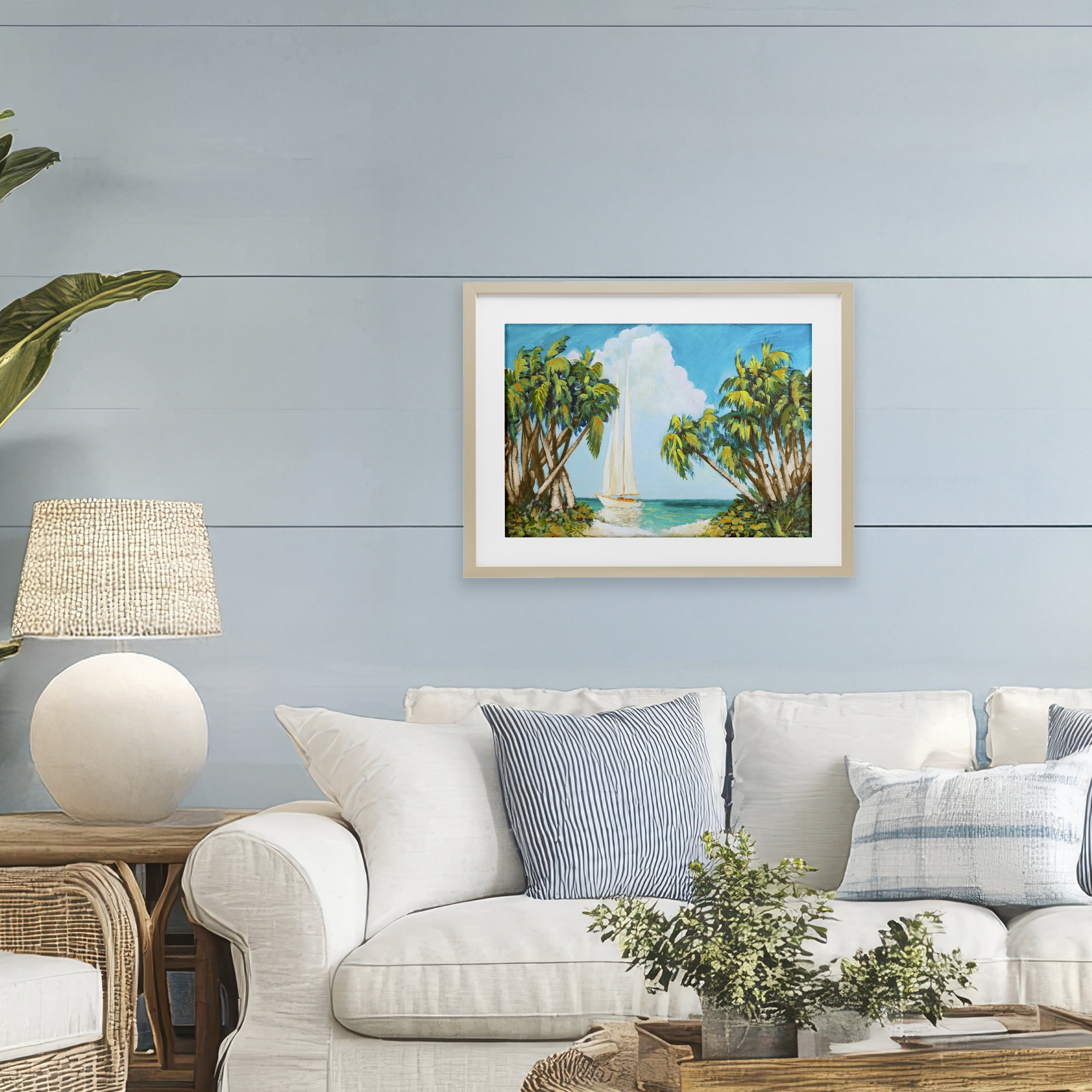 Stupell Industries Sailboat Among Palms Birch Framed Print Under Glass, design by Dan Meneely