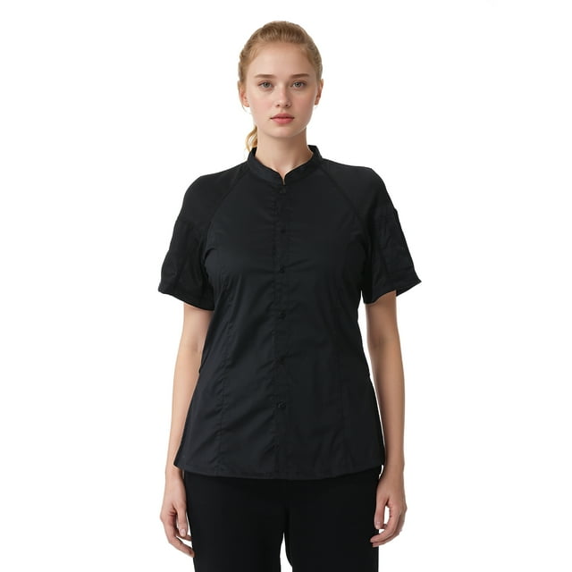 TOPTIE Women's Snap Chef Coat Short Sleeve Restaurant Cook Jacket Uniform Shirt