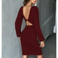 thumbnail image 2 of SWSMCLT Women's Midi Dresses Long Sleeve High Waist Spring Dress U Neck Party Fall Cocktail Fitted Backless Burgundy Large, 2 of 4