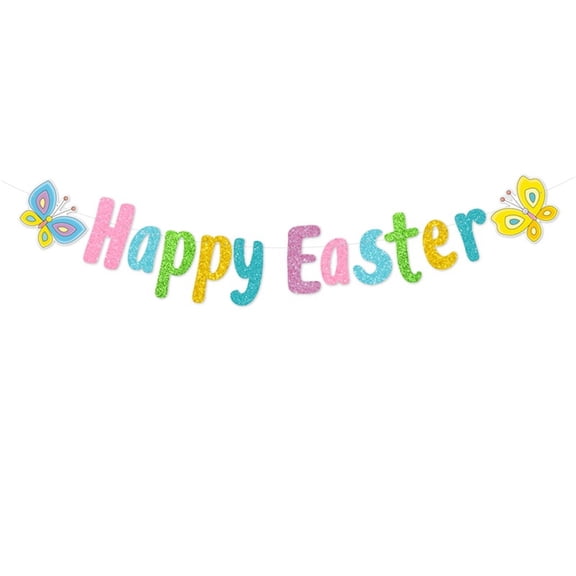 Happy Easter Glitter Banner & Cutout Set, Bunny Egg Butterfly Party Decorations for Home Window Easter Party Supplies