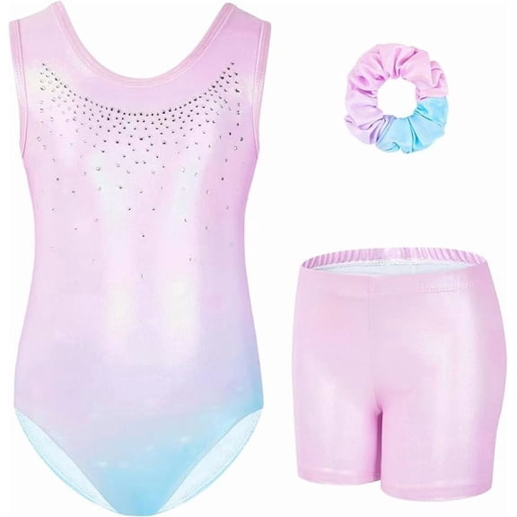 Gymnastics Leotards For Girls, Design-Inspired Sleeveless Style Rhinestone Kids Dance Ballet Outfit With Shorts And Hair Scrunchie