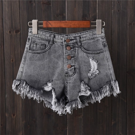 Aimik Trendy Women's Ripped Denim Shorts with Frayed Hem High Rise Button-Front Jeans Vintage Style Summer Bottoms for Streetwear