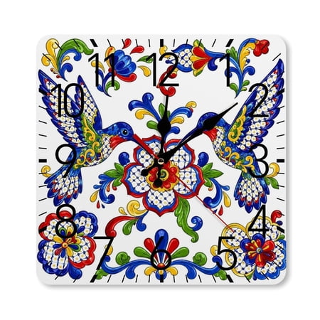 RKSupls 10×10inch Square Silent Wall Clock Wooden Frame, Talavera Hummingbirds Heart Flower Scale Decorative Clock for Home Bedroom Living Room Office