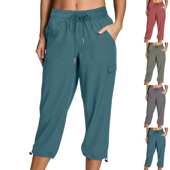 HomeDM Women's Cargo Capris Hiking Pants Lightweight Athletic Travel Outdoor Capris Pants Casual Loose Comfy Trousers with Pockets - Sky Blue/L