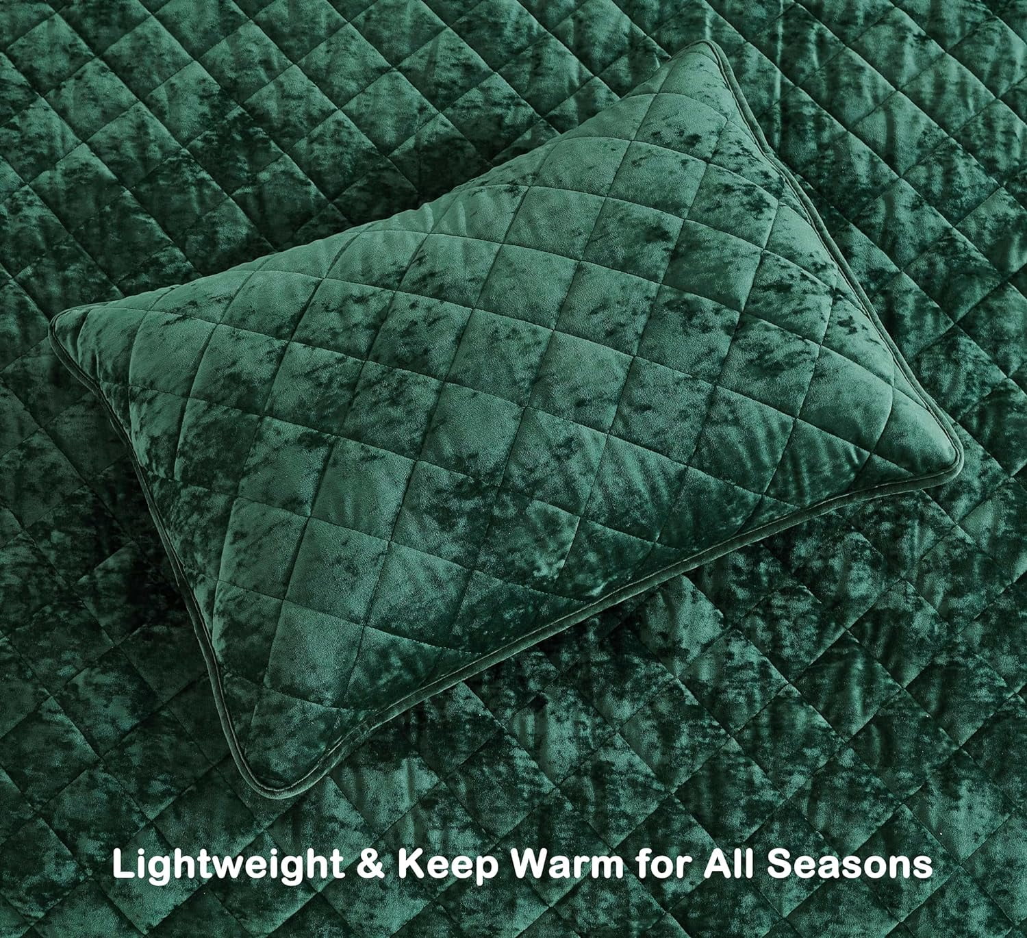 Chezmoi Collection Lux Forest Green Velvet Quilt Oversized King Set, 3-Piece Lush Plush Distressed Velvet Bedding All Season Lightweight Bedspread Brushed Microfiber Reverse with Diamond Stitch