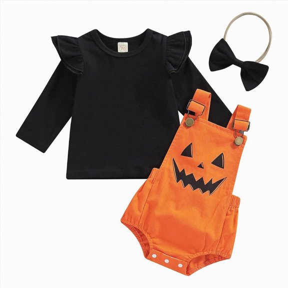 mgoYE Newborn Halloween Baby Girls Outfit Fly Long Sleeve Ribbed Top Pumpkin Ghost Printing Suspender Romper Headwear