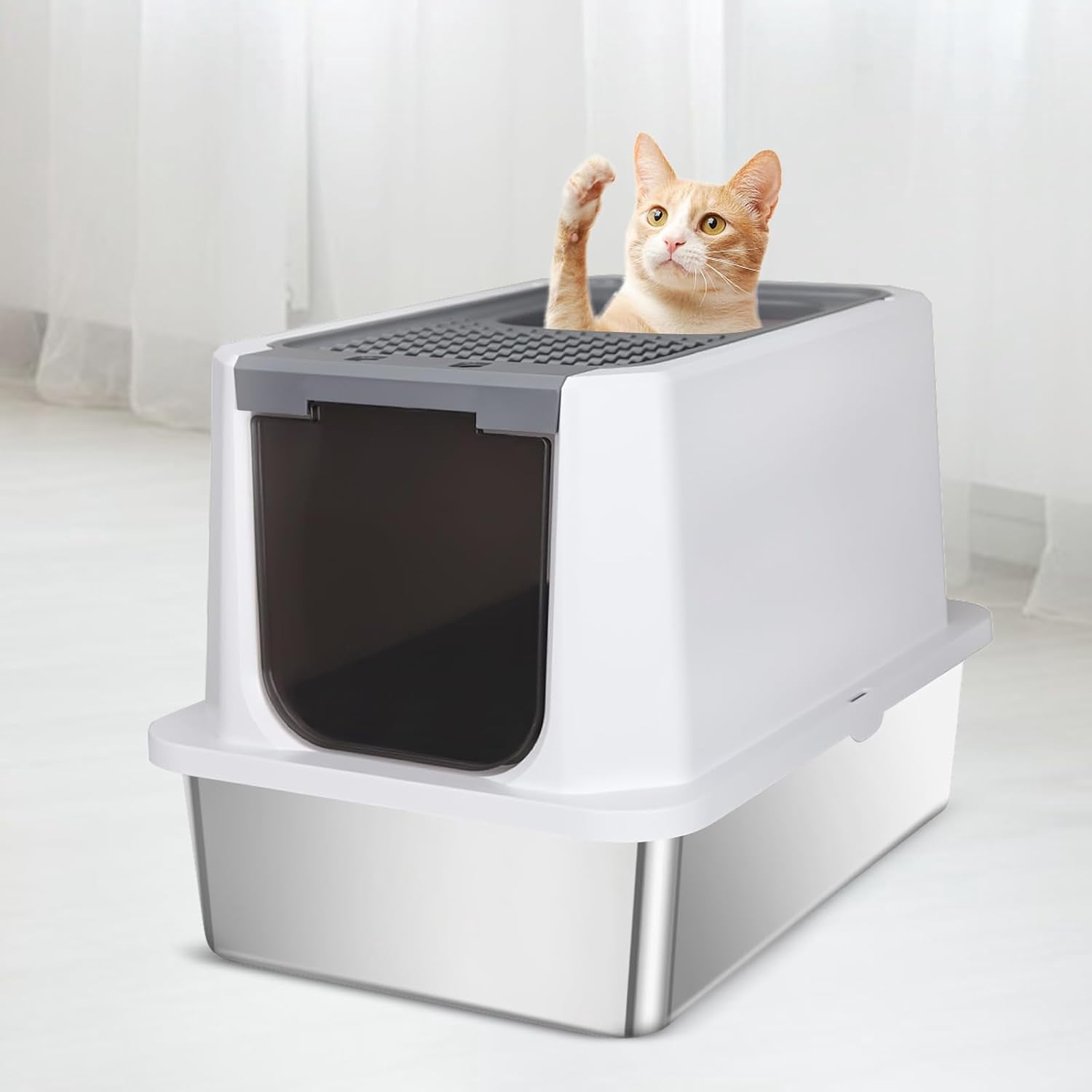 Stainless Steel Cat Litter Box, Semi-Enclosed Litter Box with Raised Edges, Anti-Leakage & Odorless, Large Litter Box for Small to Large Sized Cats (Dark Gray, 23.8" L*15.9" W*16.1" H)