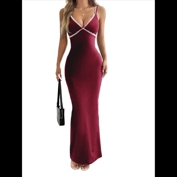 Vestido Veraniego Ajustado con Escote en V y Tirantes Finos para Mujer, Estilo Resort de Verano Y2K Vino Tinto M