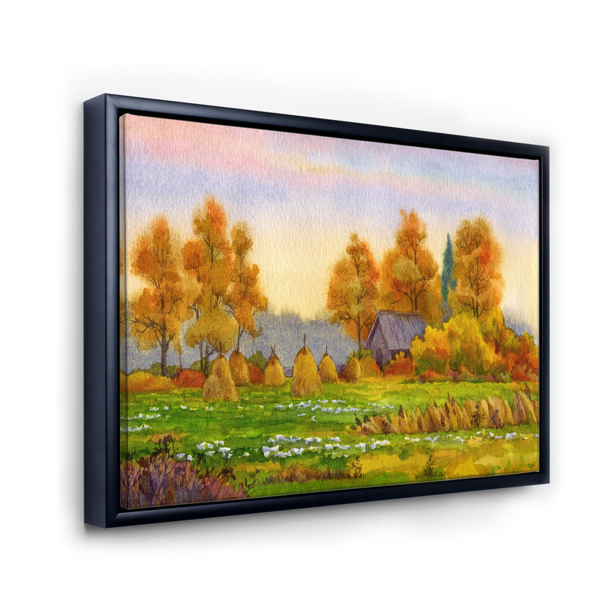 Orange Fields With Haystacks I 20 in x 12 in Framed Painting Canvas Art Print, by Designart