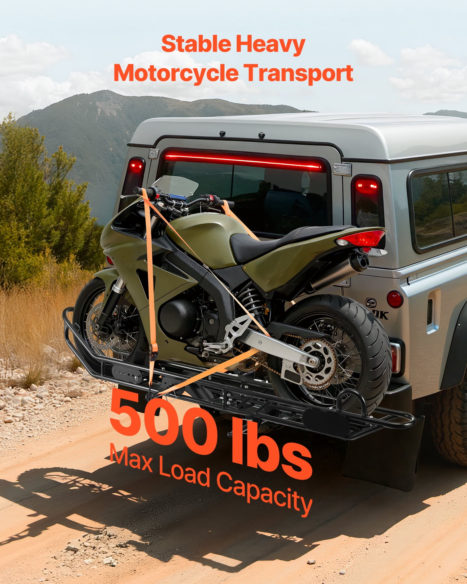VEVOR Motorcycle Carrier, 500 lbs Capacity, Heavy Duty Steel Hitch Mount Rack with Anti-Tilt Lock Device,Straps & Stabilizer, Scooter Dirt Bike Trailer Hauler for Car Truck with 2-Inch Hitch Receiver