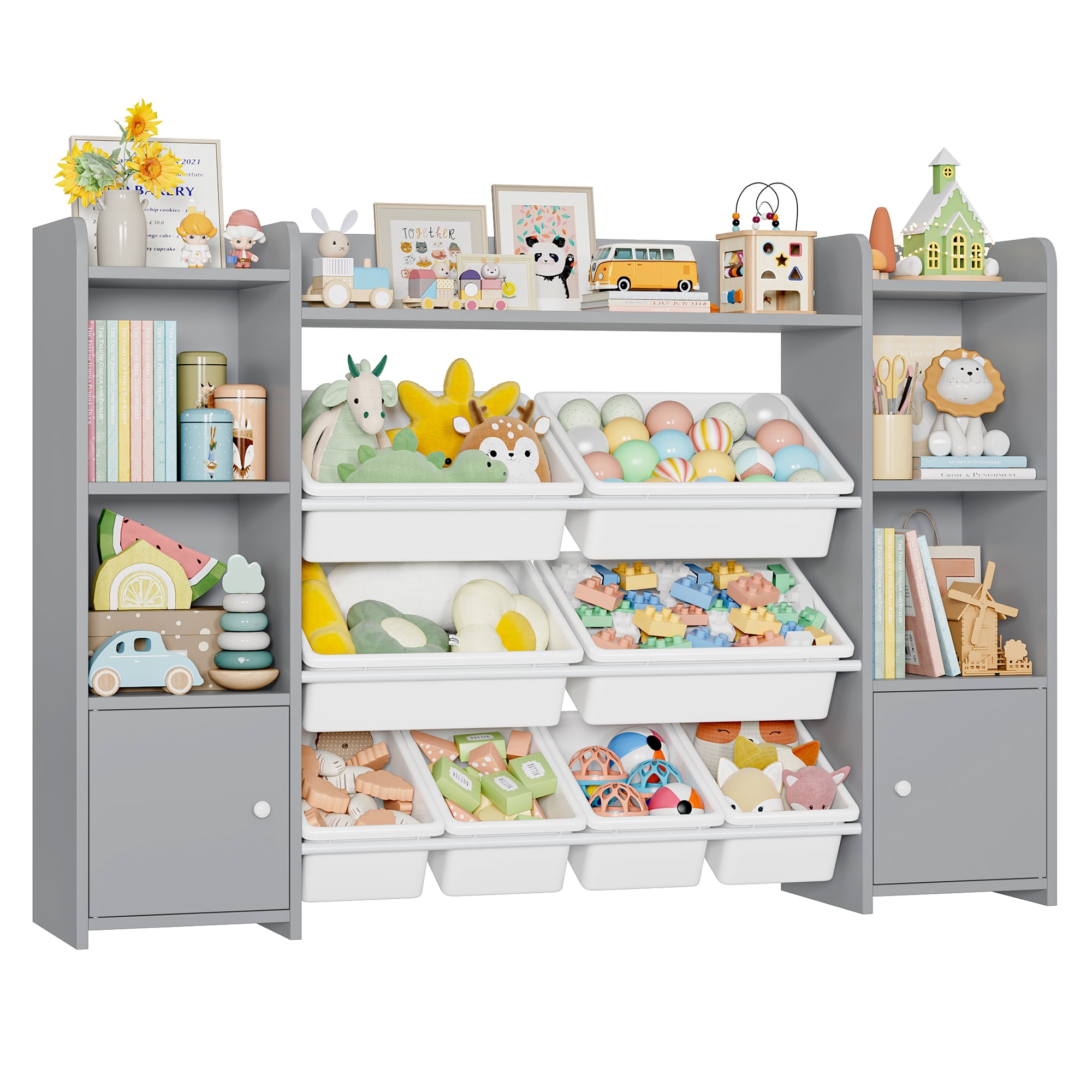 Homfa Kids Toy Organization Cubby Bookcase with 8 Bin, 2 Door Gray Storage Organizer Bookshelf for Children Room Playroom