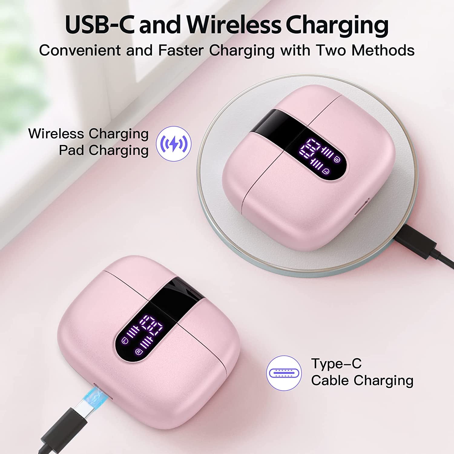 TAGRY Bluetooth Headphones True Wireless Earbuds 60H Playback LED Power Display Earphones with Wireless Charging Case IPX5 Waterproof in-Ear Ear buds with Mic for TV Smart Phone Laptop Computer