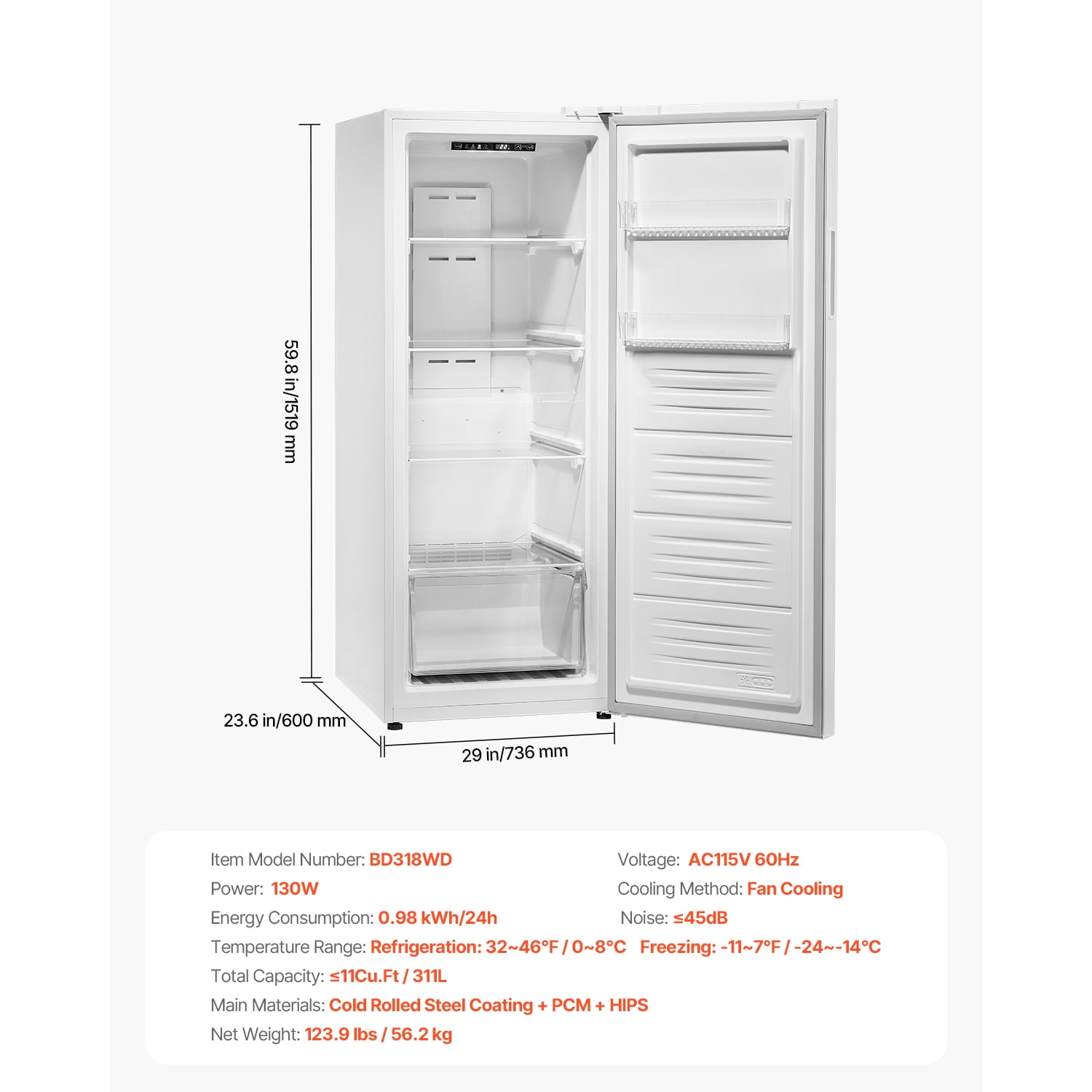 KFFKFF Convertible Upright Freezer/Refrigerator, 11 Cu.Ft Frost-Free Unit with Temperature Control, Reversible Door, Adjustable Shelves, and LED Lighting for Home, Office, or Garage