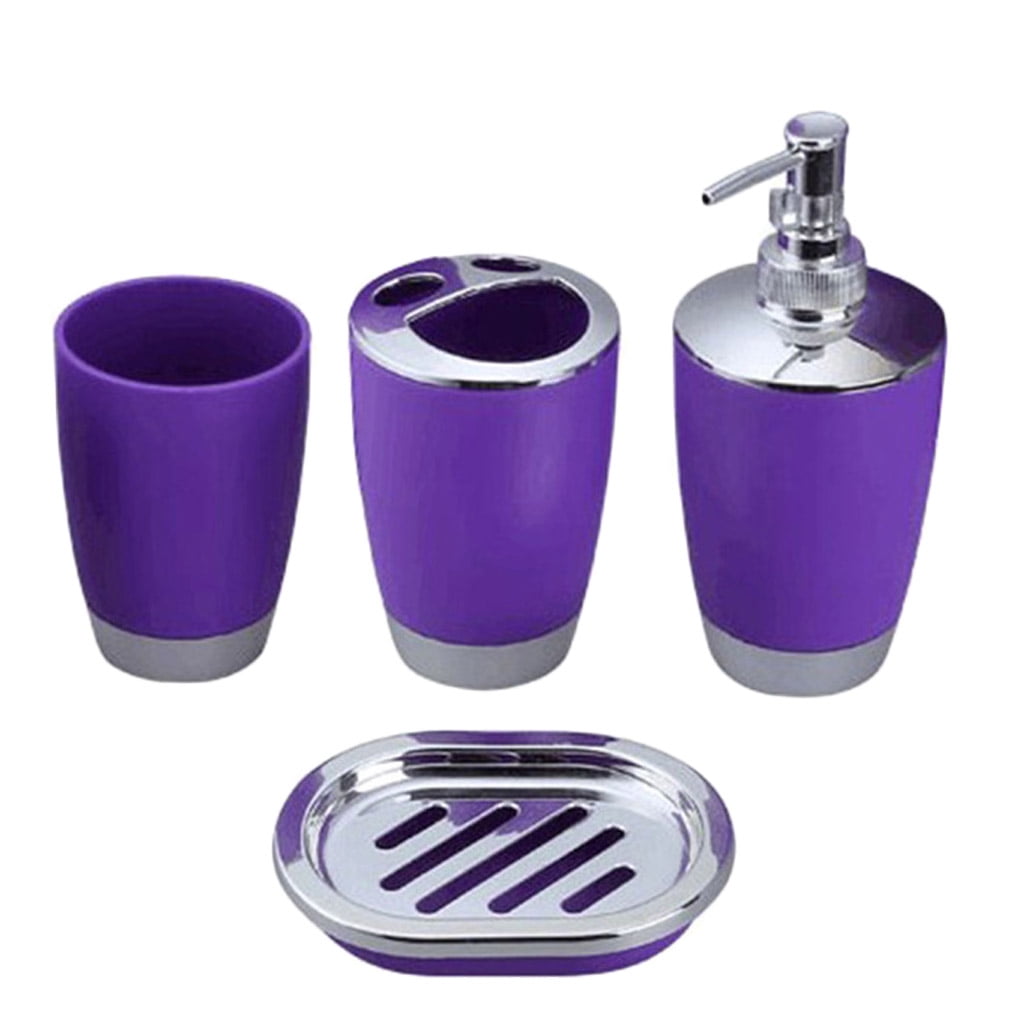 4pcs Bathroom Accessory Set PP Plastic Bathroom Suit Cup Toothbrush Holder Soap Dish Dispenser Kit,Purple