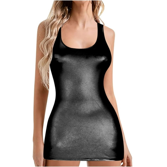 Hvot&aat Women's Metallic Wetlook Clubwear Hot Sleeveless Scoop Neck Bodycon Tank Dress Solid Color Mini Dresses
