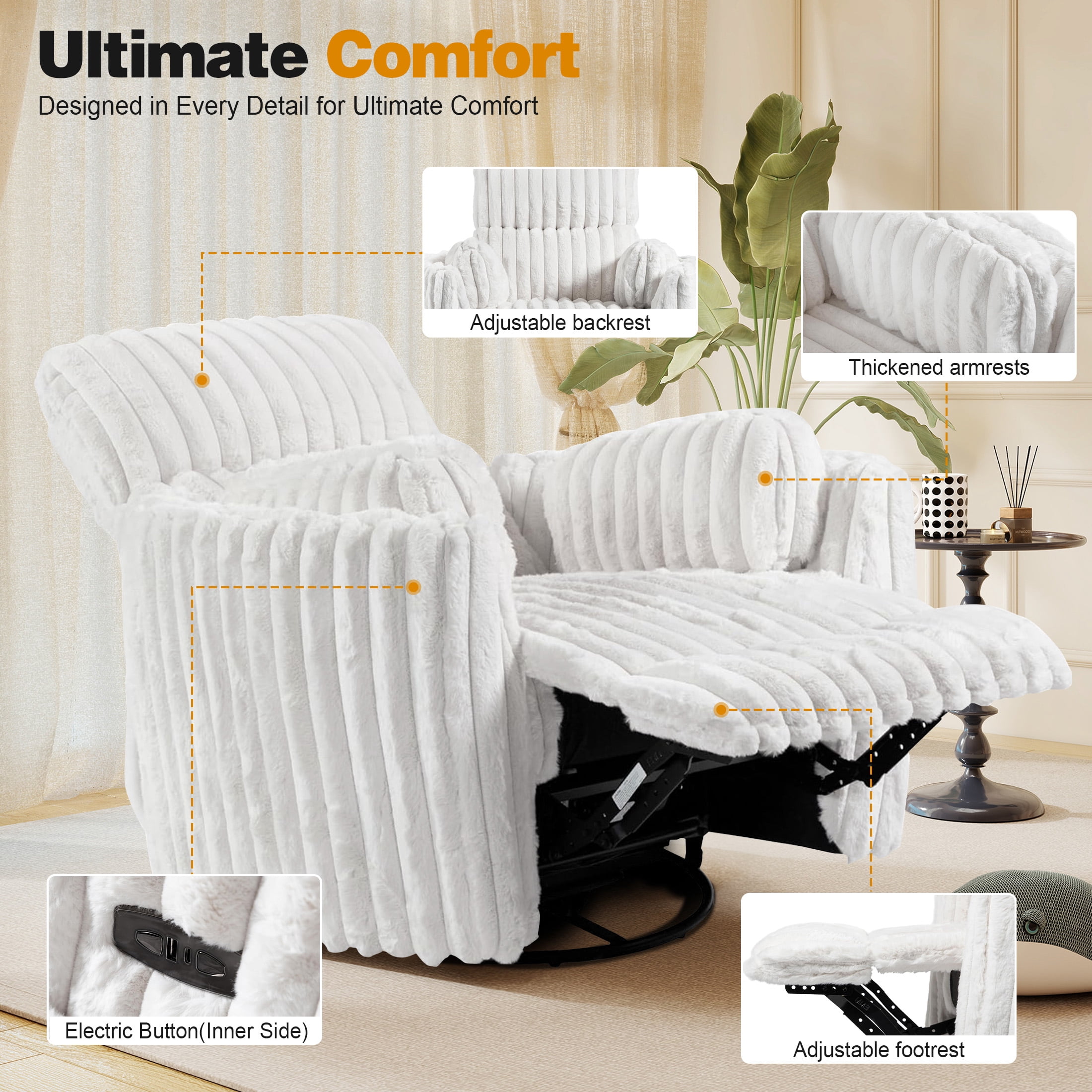 Aukfa Swivel Rocking Glider Power Recliner Chair with 24" Wide Seat & Type-C & USB Ports, White
