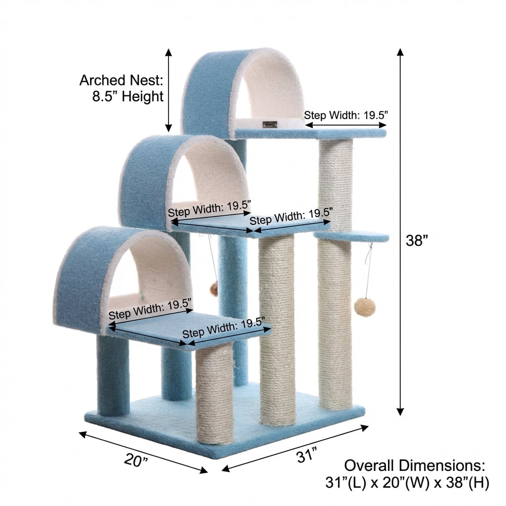 Multi-Level Cat Tree with Sisal Scratching Posts, Blue and Beige, 31x20x38 Inches, 3 Arched Condos, Hanging Toy Ball