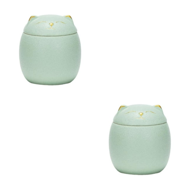 kurtrusly Bocaux en Céramique Grande Capacité Mignons pour Grand Application Forme de Chat Bocaux à Thé en Céramique Forme de Chat Bocaux de Rangement Verts 500ml 2ensemble