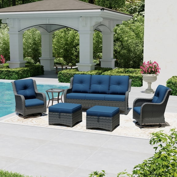 Joyside 6 Piece Wicker Patio Set with 3-Seat Sofa, 2 Swivel Rocker Chairs, 2 Ottomans & Side Table, Outdoor Furniture Sectional Conversation Set for Deck Porch, DarkBlue
