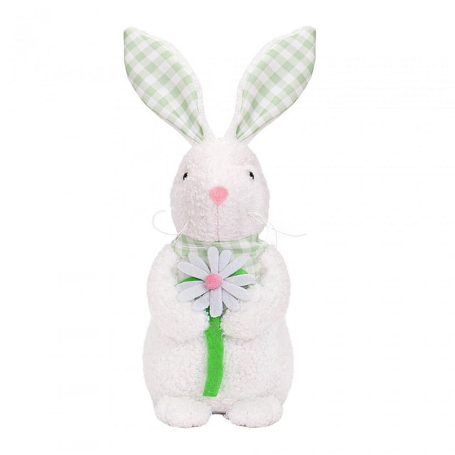 Figura de conejito de Pascua de 11 x 23 cm, ideal como centro de mesa para estudio, guardería. sosteniendo la flor