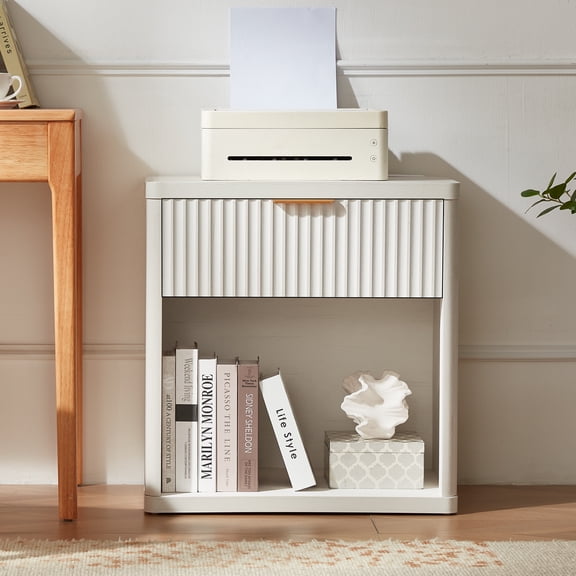 LELELINKY Fluted Nightstand with Charging Station, 23" Blue Farmhouse Bedside Table, 1 Drawer & Open Shelf, Wood End Table for Bedroom