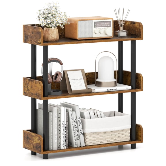 Costway 1 PCS 3-Tier Bookshelf with Anti-Tipping Kit, Industrial Storage Unit for Living Room Rustic Brown