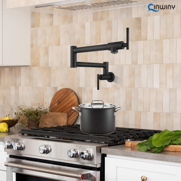 Pot Filler Faucet Wall Mounted Folding Stretchable Kitchen Sink Water Tap with Double Joint Swing Arm Single Hole Two Handles Restaurant Kitchen Faucets, Matte Black, T-Shape Handle
