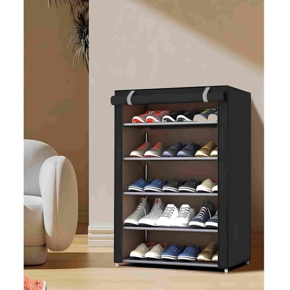 6 Tier Shoe Rack with Dustproof Cover Simple Shoe Rack Non-Woven Shoe (black)