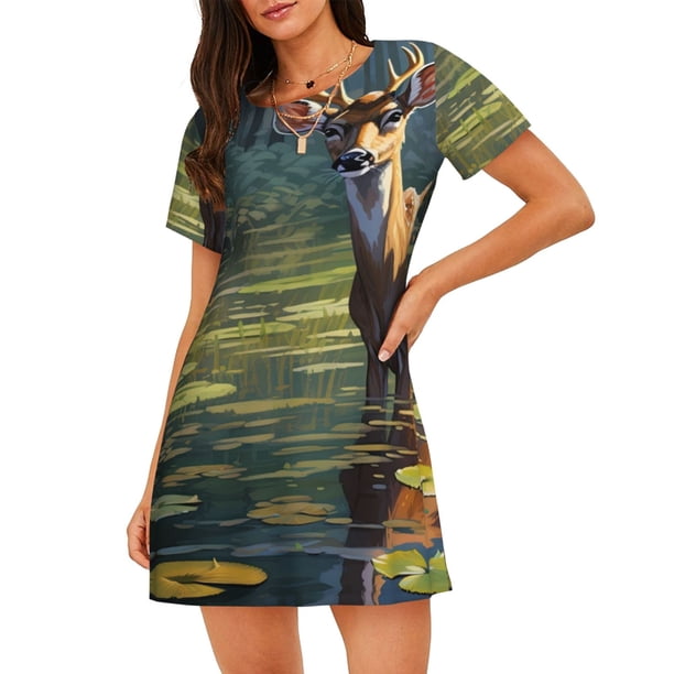 Balery Peaceful Deer Lily Pond Camisón de manga corta con cuello redondo para mujer, cómodo y elegante.