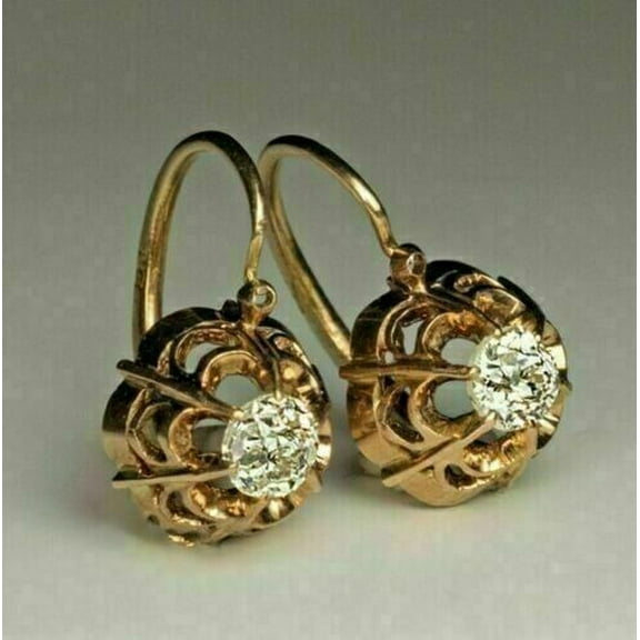 TAAPSEE JEWELS 14k Yellow Gold PlatedRound Cubic Zirconia Women's Vintage Drop Leverback Earrings