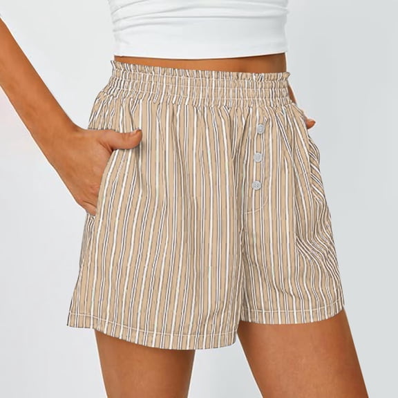 Lutiedan Stripe Shorts for Women Summer Beach Comfy Elastic High Waisted Front Button Casual Shorts Lightweight Loose Fit Pants with Pockets