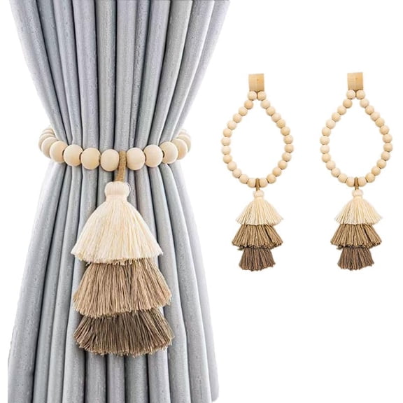 Magnetic Tiebacks for Curtains 2 Pack – Handwoven Boho Curtain Tiebacks with Wooden Beads & Tassels, No Drill Curtain Ties Gentle Fabric Friendly Drapery Bands for Living Room, Bedroom, Pink