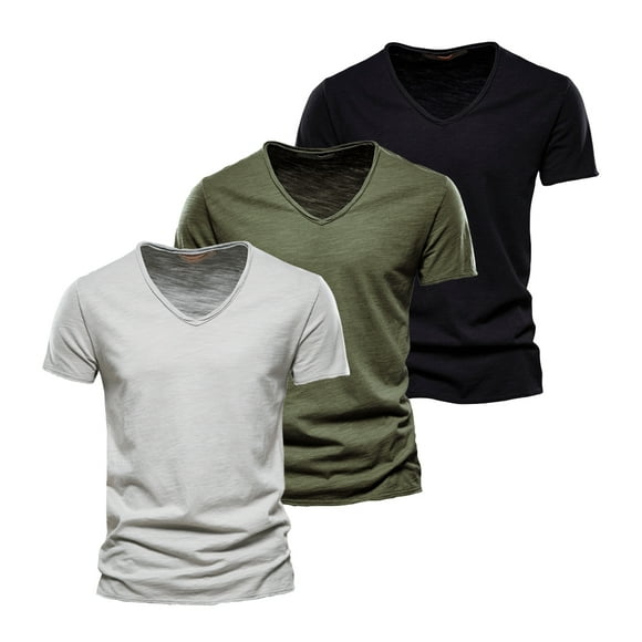 Camiseta de manga corta AIOPESON 5 piezas marca hombres Casual Color sólido Slim Fit cuello en V 100% algodón AIOPESON Mangas cortas de algodón con cuello en V.