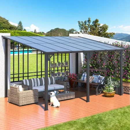 14' x 10' Hard Top Lean-to Gazebo Pergola, Heavy Duty Steel Construction for Patio, Deck, and Backyard Use