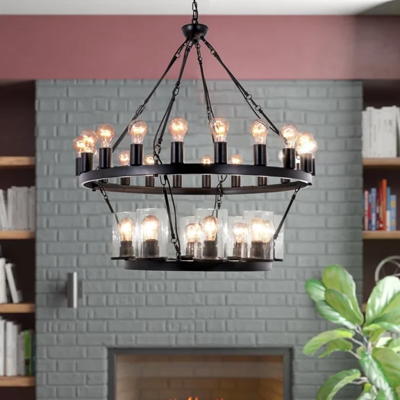 AFANQI 2-Tiers Wagon Wheel Chandelier Farmhouse 28-Lights 31.5" Metal Pendant Lamps