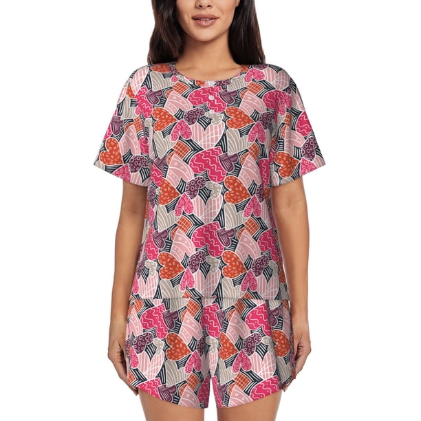 Balery Hearts for Valentines day Conjunto de Pijama para Mujer con Estampado, Dos Piezas de Manga Corta y Shorts, Ropa de Dormir Suave con Cuello Redondo y Bolsillos-Small